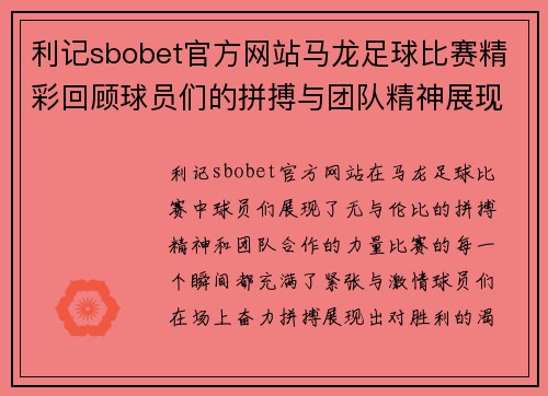 利记sbobet官方网站马龙足球比赛精彩回顾球员们的拼搏与团队精神展现无遗