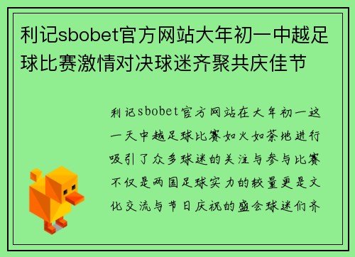 利记sbobet官方网站大年初一中越足球比赛激情对决球迷齐聚共庆佳节