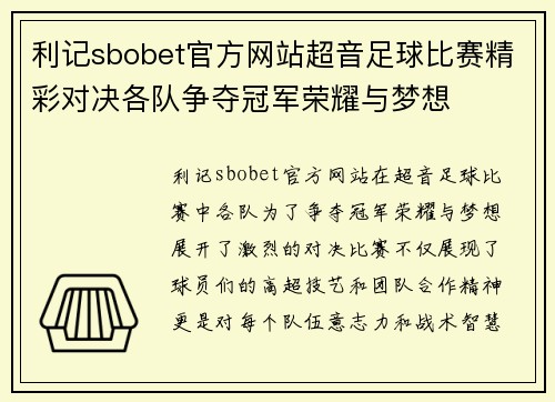 利记sbobet官方网站超音足球比赛精彩对决各队争夺冠军荣耀与梦想